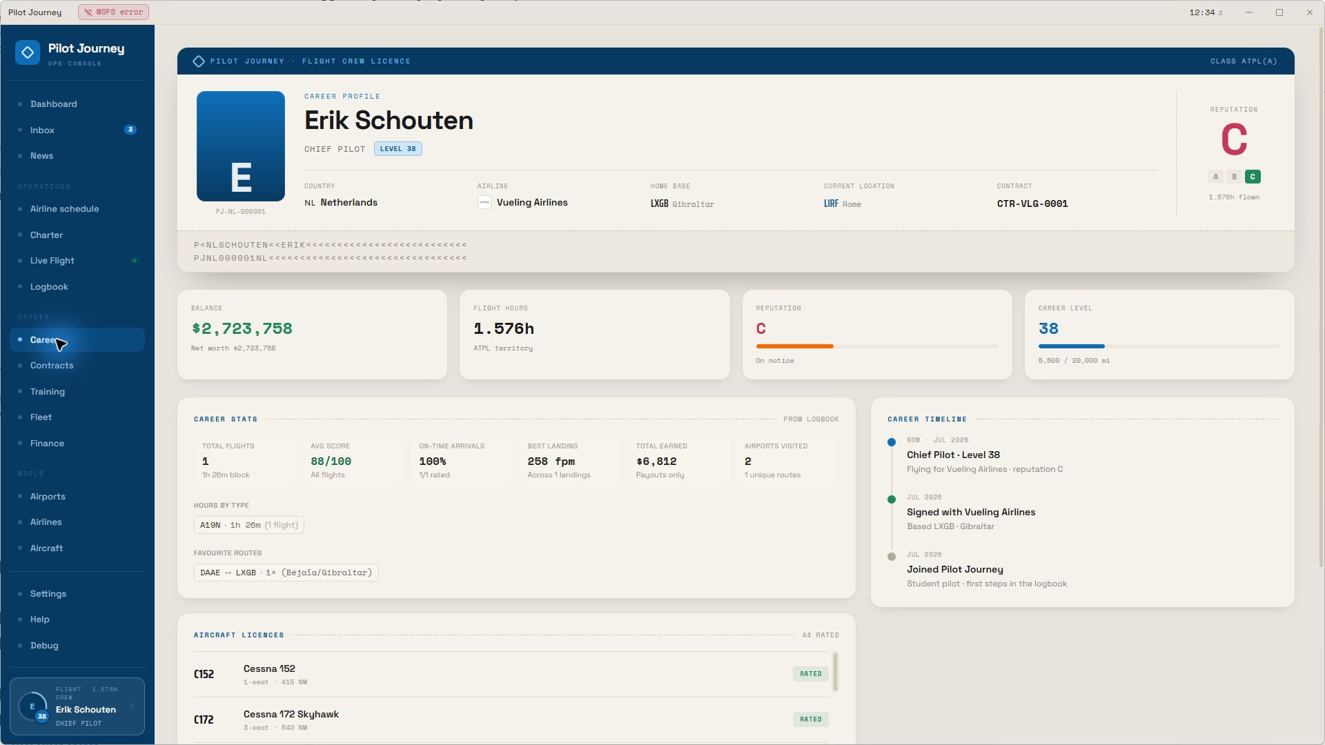 Actual Pilot Journey career screen with licence, airline, reputation and flight statistics